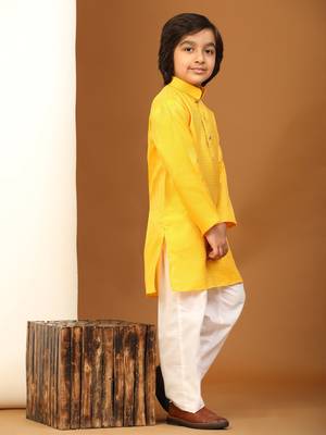 Yellow Printed work Cotton Kurta Pajama set for Boys Ethnic Wear 1