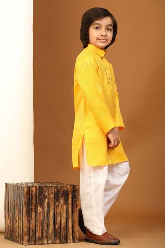 Yellow Printed work Cotton Kurta Pajama set for Boys Ethnic Wear