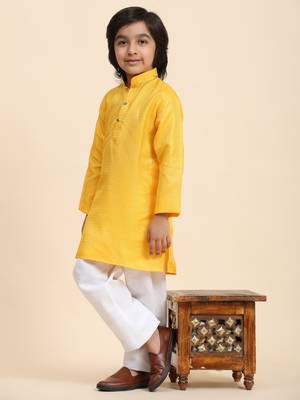Yellow Printed work Cotton Kurta Pajama set for Boys Ethnic Wear 2