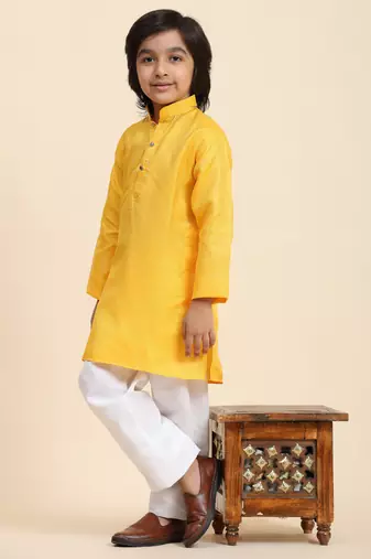 Yellow Printed work Cotton Kurta Pajama set for Boys Ethnic Wear