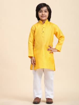 Yellow Printed work Cotton Kurta Pajama set for Boys Ethnic Wear 3