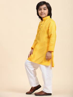 Yellow Printed work Cotton Kurta Pajama set for Boys Ethnic Wear 4