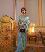 Kimisha women's sky blue silk woven saree with unstitched blouse piece