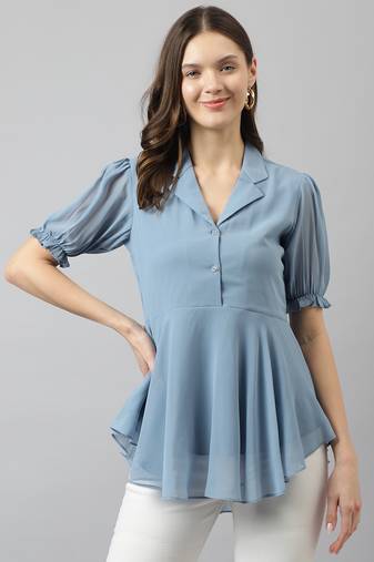Keri perry women's light blue georgette solid flared western top