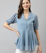 Keri perry women's light blue georgette solid flared western top