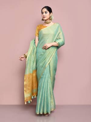 Elora tissue linen plain chanderi designer saree for women (sea green) 1