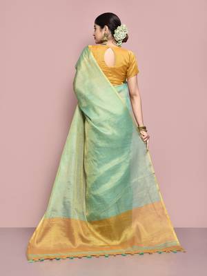 Elora tissue linen plain chanderi designer saree for women (sea green) 3