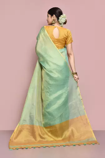 Elora tissue linen plain chanderi designer saree for women (sea green)