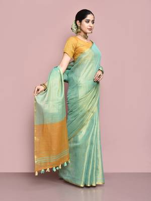 Elora tissue linen plain chanderi designer saree for women (sea green) 4