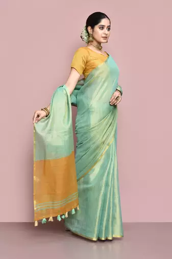 Elora tissue linen plain chanderi designer saree for women (sea green)