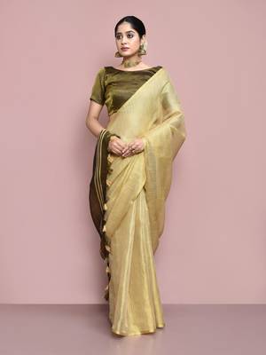 Elora tissue linen plain chanderi designer saree for women (beige) 1