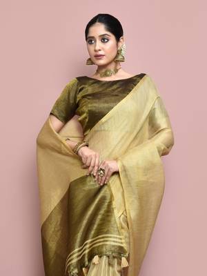 Elora tissue linen plain chanderi designer saree for women (beige) 3