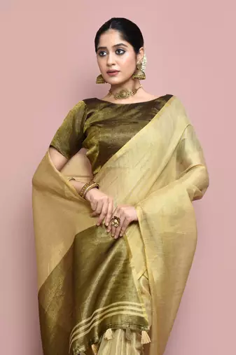 Elora tissue linen plain chanderi designer saree for women (beige)
