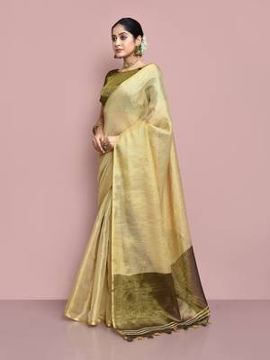Elora tissue linen plain chanderi designer saree for women (beige) 4
