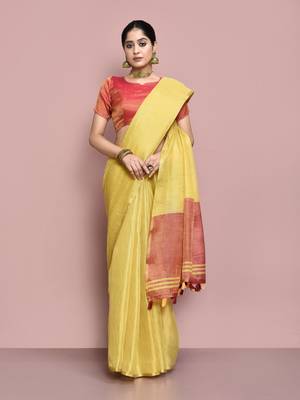 Elora tissue linen plain chanderi designer saree for women (golden yellow) 1