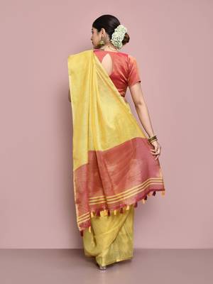 Elora tissue linen plain chanderi designer saree for women (golden yellow) 3
