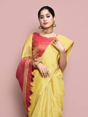 Elora tissue linen plain chanderi designer saree for women (golden yellow) 4