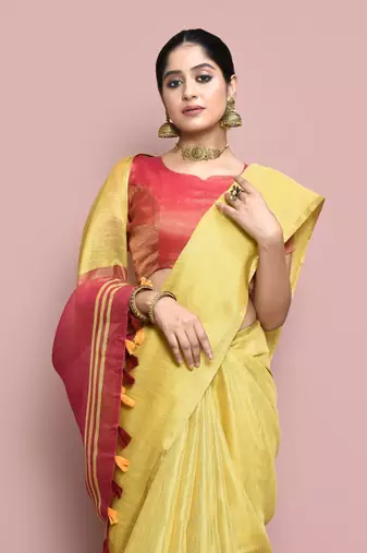Elora tissue linen plain chanderi designer saree for women (golden yellow)