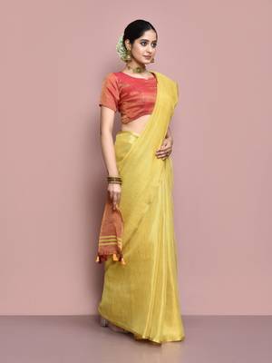Elora tissue linen plain chanderi designer saree for women (golden yellow) 5