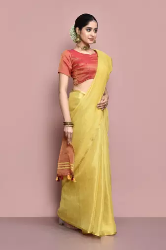 Elora tissue linen plain chanderi designer saree for women (golden yellow)