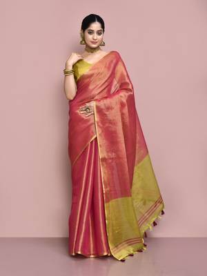 Elora tissue linen plain chanderi designer saree for women (pink) 1