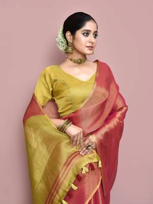 Elora tissue linen plain chanderi designer saree for women (pink) 3