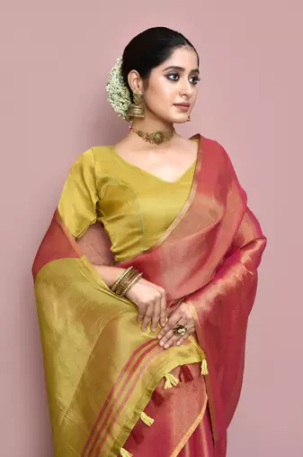 Elora tissue linen plain chanderi designer saree for women (pink)