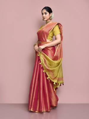 Elora tissue linen plain chanderi designer saree for women (pink) 4