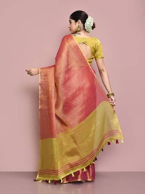 Elora tissue linen plain chanderi designer saree for women (pink) 5