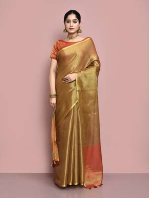 Elora tissue linen plain chanderi designer saree for women (brown) 1