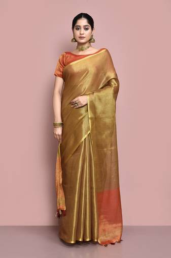 Elora tissue linen plain chanderi designer saree for women (brown)