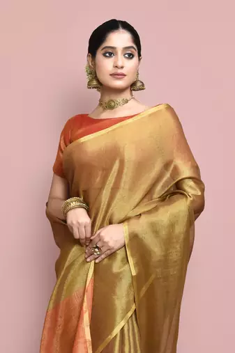Elora tissue linen plain chanderi designer saree for women (brown)
