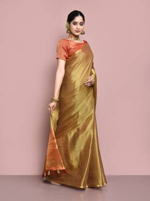 Elora tissue linen plain chanderi designer saree for women (brown) 4