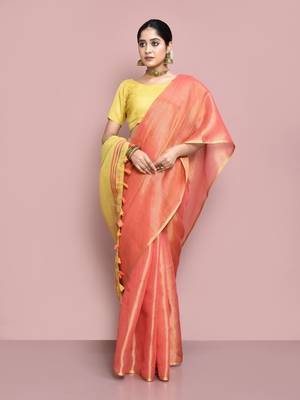 Elora tissue linen plain chanderi designer saree for women (peach) 1