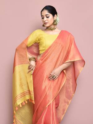 Elora tissue linen plain chanderi designer saree for women (peach) 3