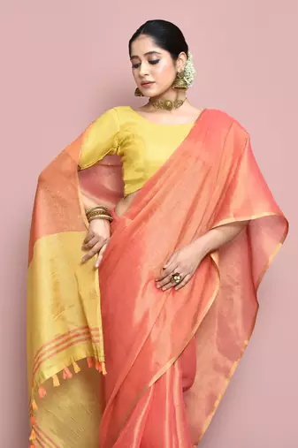 Elora tissue linen plain chanderi designer saree for women (peach)