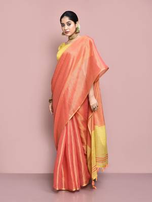 Elora tissue linen plain chanderi designer saree for women (peach) 4