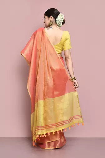 Elora tissue linen plain chanderi designer saree for women (peach)