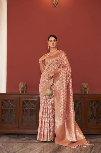 Elora linen ikkat zari designer saree for women (peach)