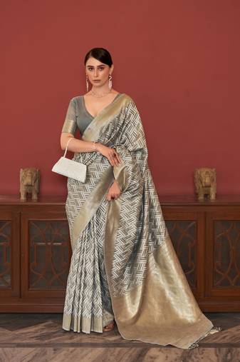 Elora linen ikkat zari designer saree for women (grey)