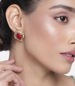 Estele Gold Plated Beautiful Stud Earrings with Red Enamel for Girls and Women