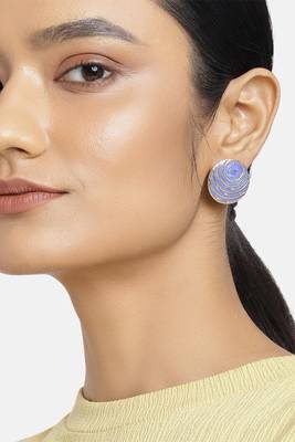 Estele Gold Plated Beige Round Ripple Stud Earrings with Blue Enamel for Girls and Women 1