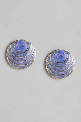 Estele Gold Plated Beige Round Ripple Stud Earrings with Blue Enamel for Girls and Women 2