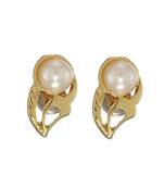 Estele Gold Plated Leaf Stud Earrings with Pearl for Girls and Women