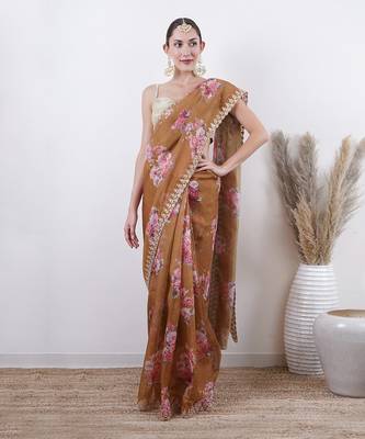 Olive Organza Saree With Unstitched Blouse Without Blouse 1