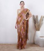 Olive Organza Saree With Unstitched Blouse Without Blouse
