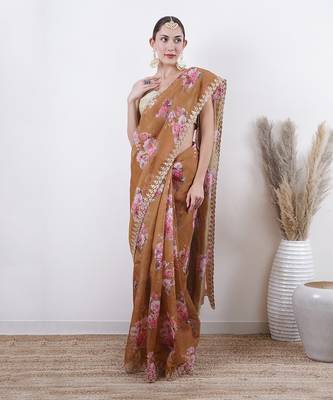 Olive Organza Saree With Unstitched Blouse Without Blouse 2
