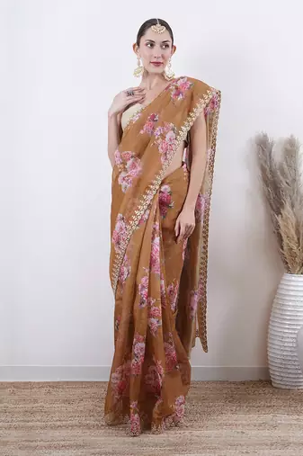 Olive Organza Saree With Unstitched Blouse Without Blouse