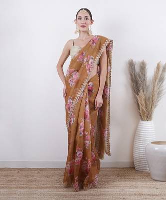 Olive Organza Saree With Unstitched Blouse Without Blouse 3