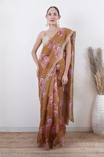Olive Organza Saree With Unstitched Blouse Without Blouse